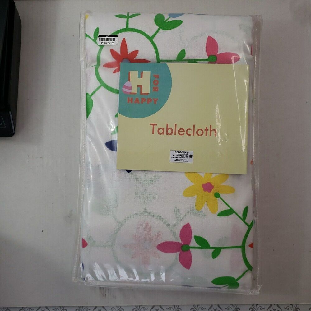 H For Happy Floral Med 60"×144" Rectangle Cloth Tablecloth White With Flowers